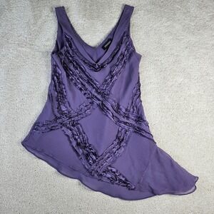 Women's Ideology Purple Silk Sleeveless‎ Top Ruffle Detail V Neck Asymmetrical L